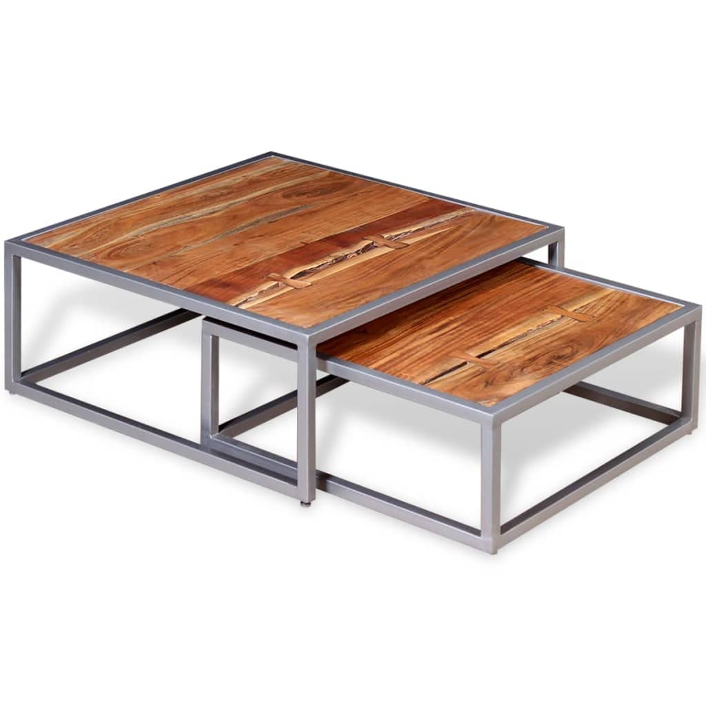 Brown Square Acacia Wood Steel Coffee Table Set of 2 Z793