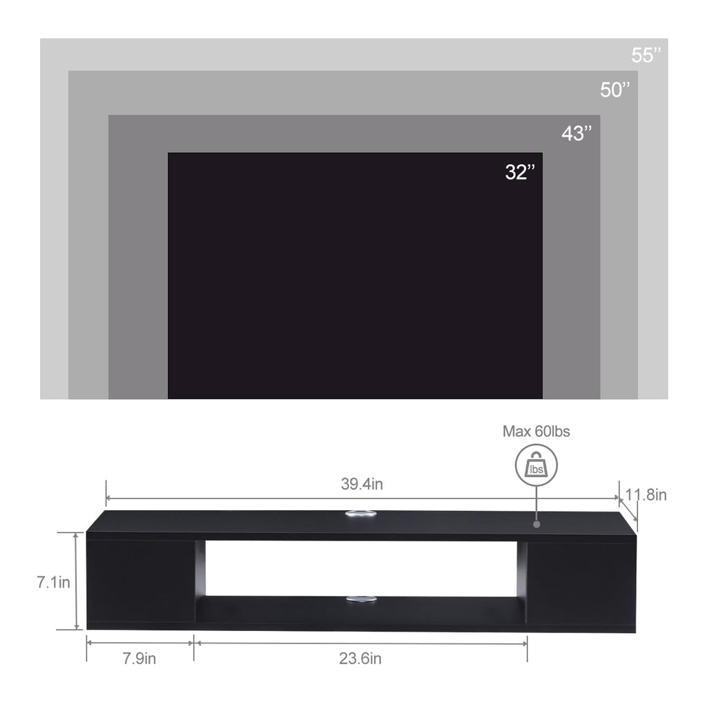 Black Wall Mounted Floating TV Stand with Storage I337