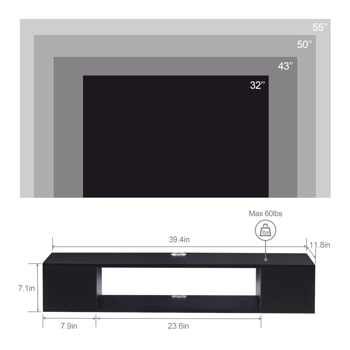 Black Wall Mounted Floating TV Stand with Storage I337