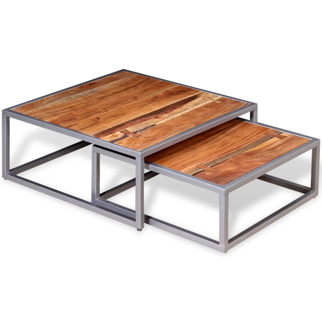 Brown Square Acacia Wood Steel Coffee Table Set of 2 Z793
