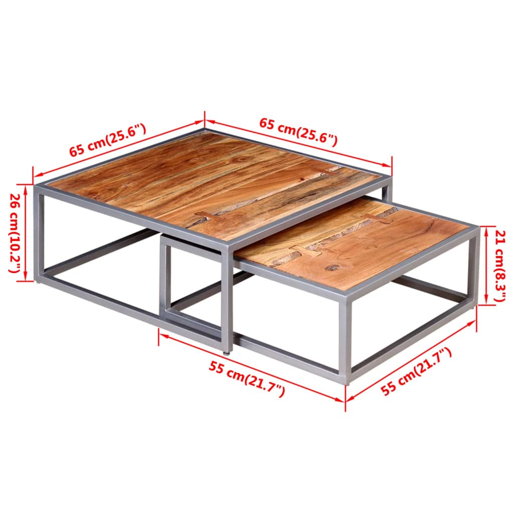 Brown Square Acacia Wood Steel Coffee Table Set of 2 Z793
