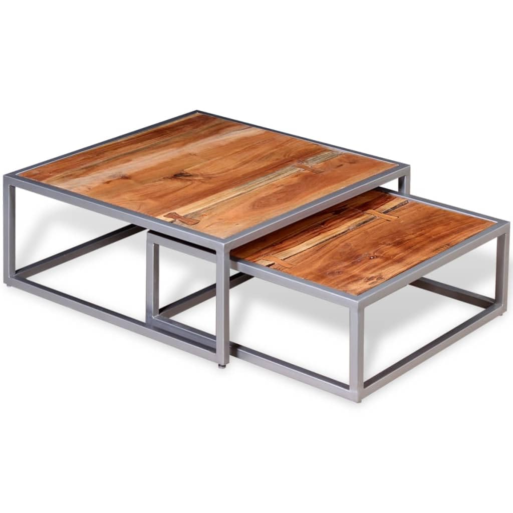 Brown Square Acacia Wood Steel Coffee Table Set of 2 Z793