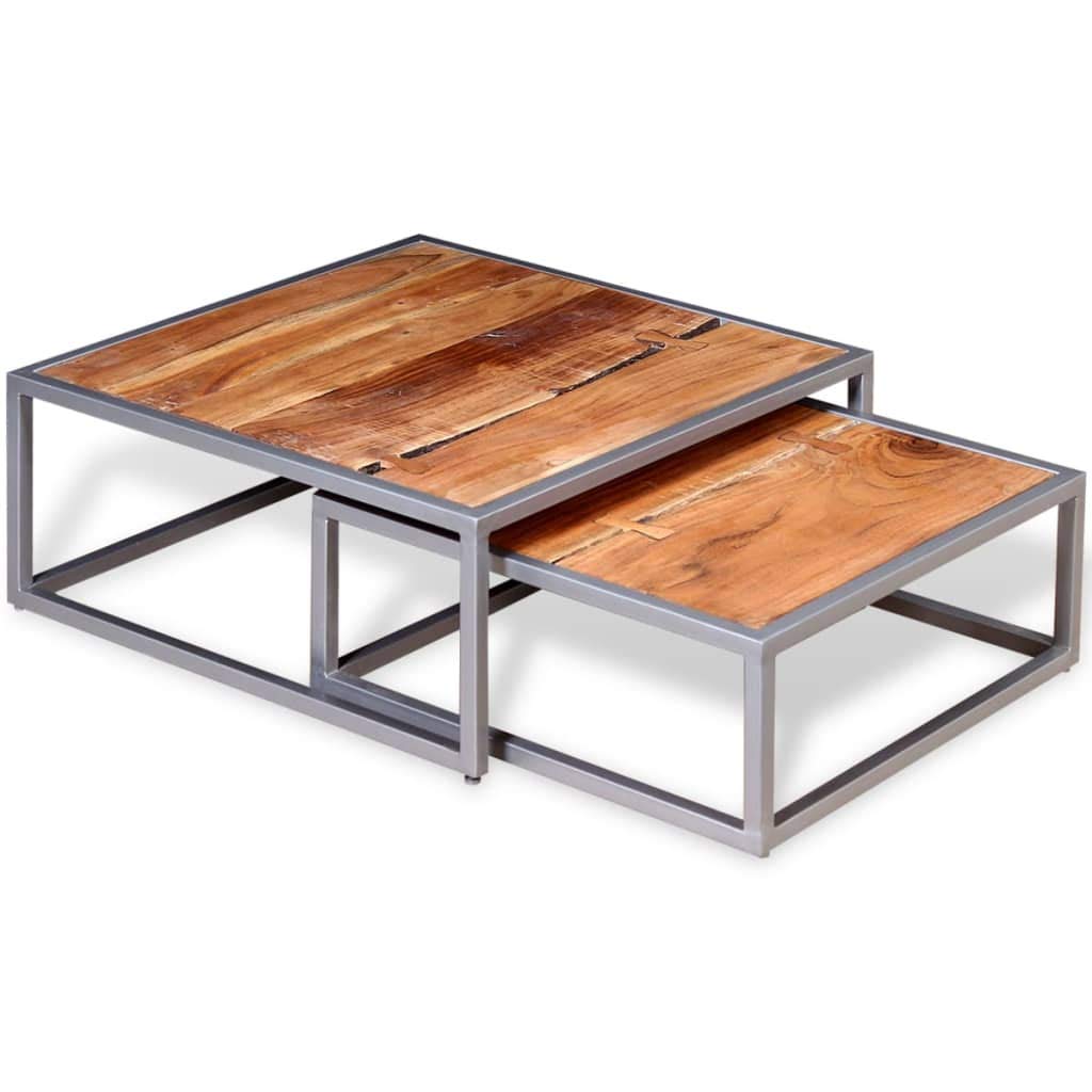 Brown Square Acacia Wood Steel Coffee Table Set of 2 Z793