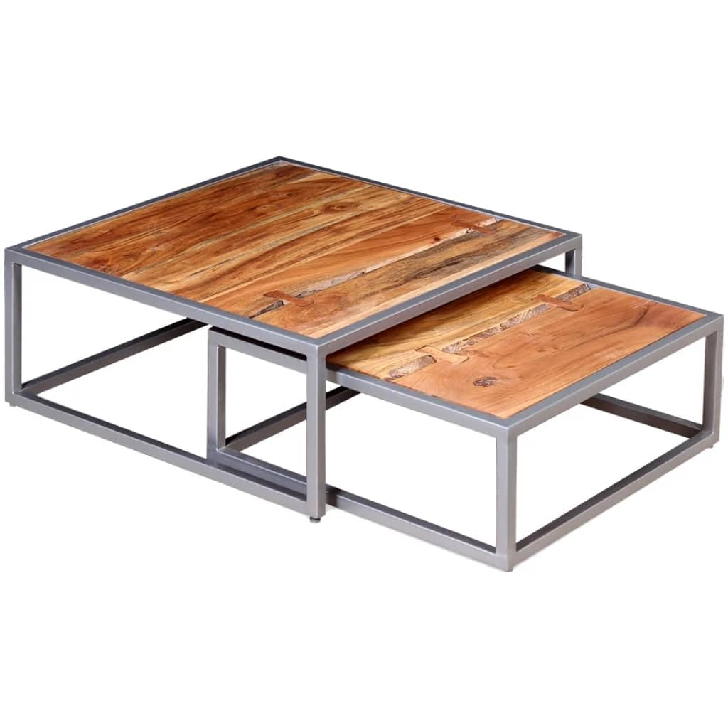 Brown Square Acacia Wood Steel Coffee Table Set of 2 Z793