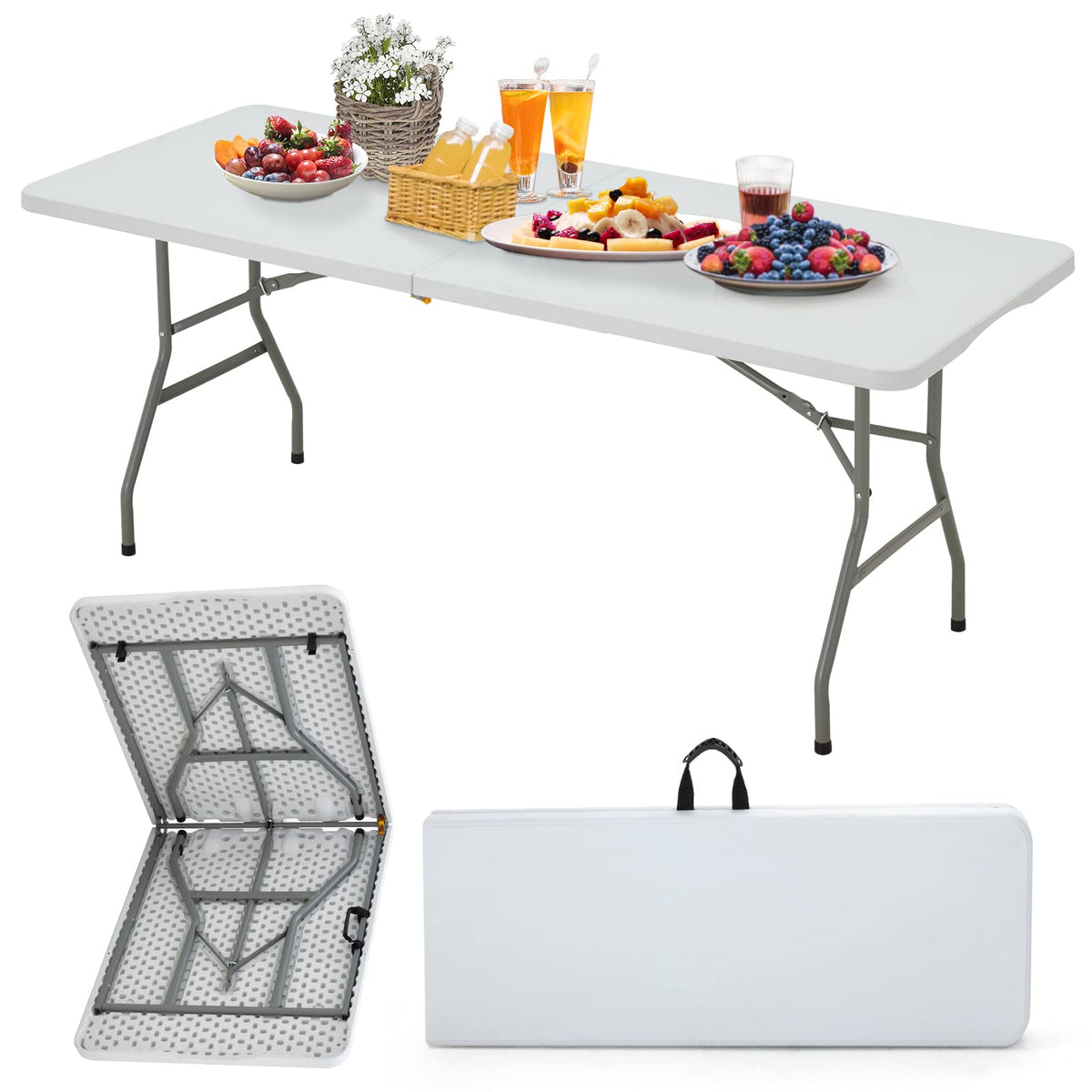 6FT White Plastic Folding Table with Carrying Handle S488