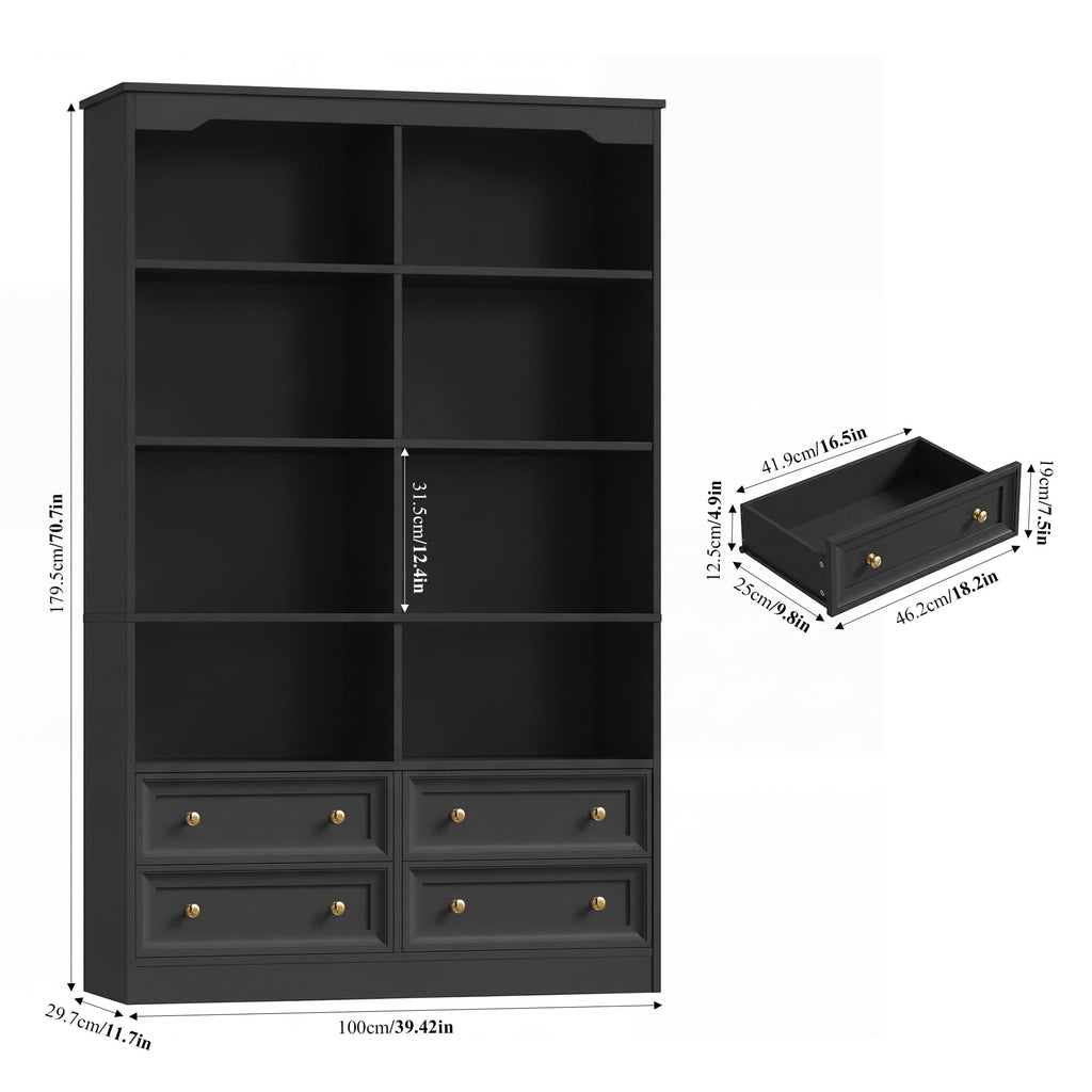 71" Tall Black Bookshelf with 4 Drawers L666378
