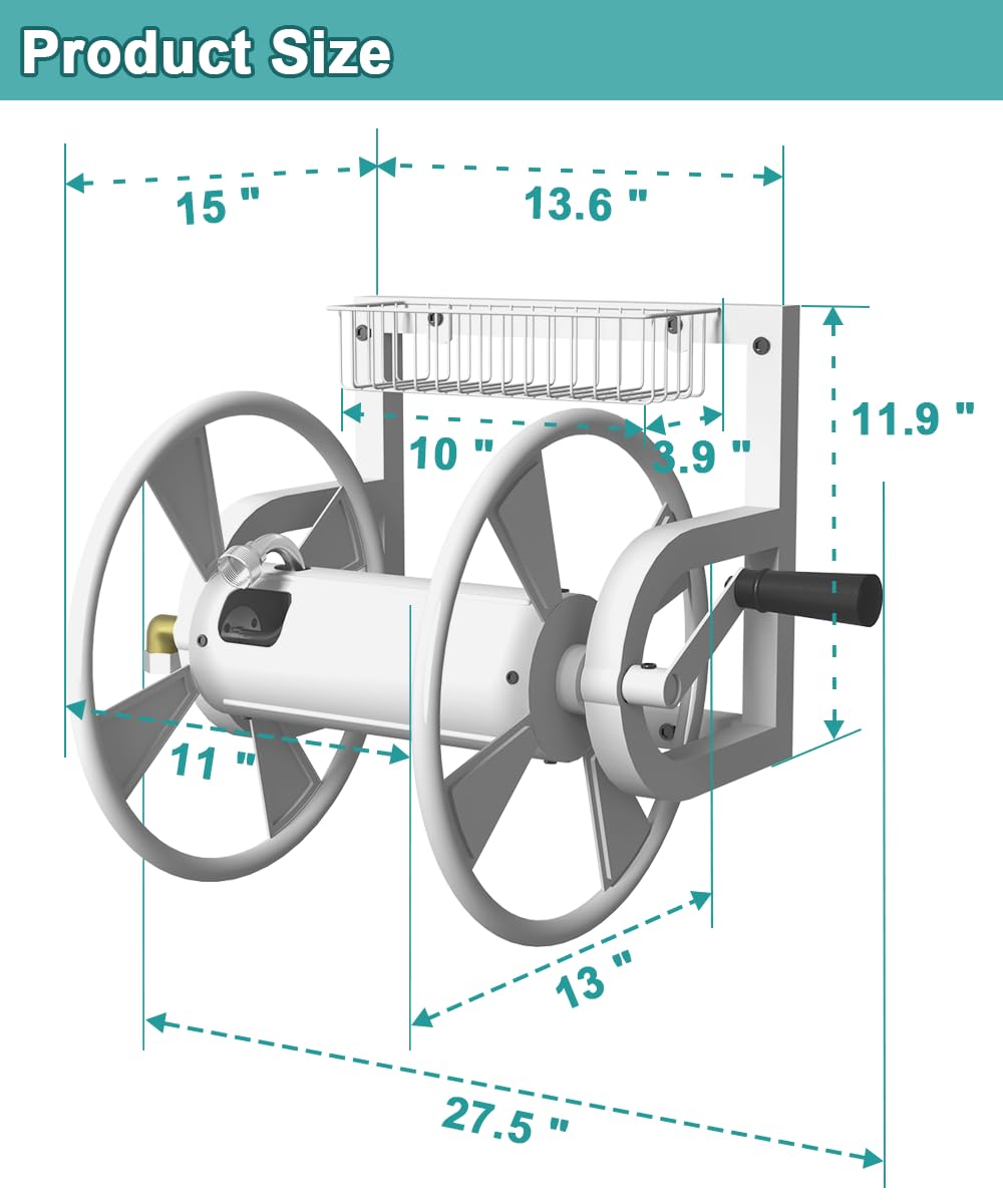Wall Mounted Hose Reel, Holds 125 Feet of 5/8-Inch Hose, White J620