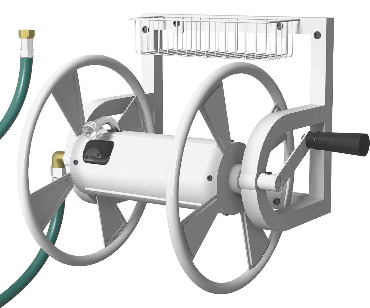 Wall Mounted Hose Reel, Holds 125 Feet of 5/8-Inch Hose, White J620