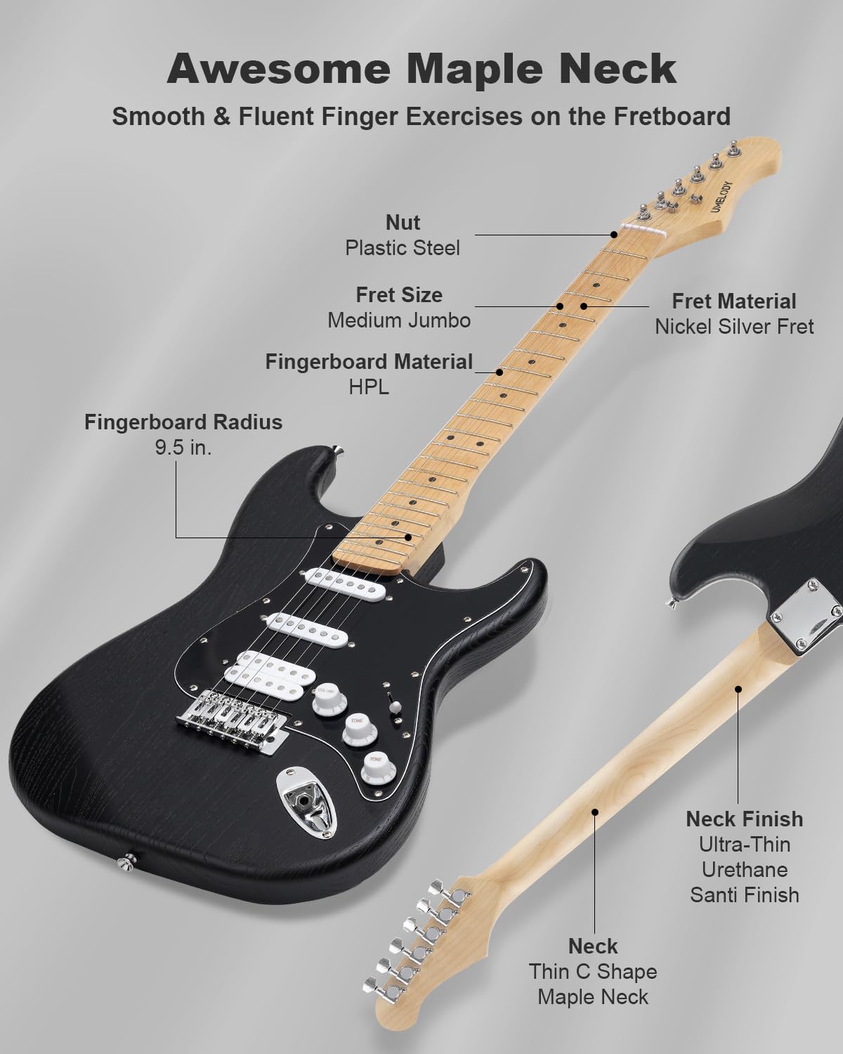 39" Beginner Electric Guitar Kit with Amp & HSS Pickups Black Q468