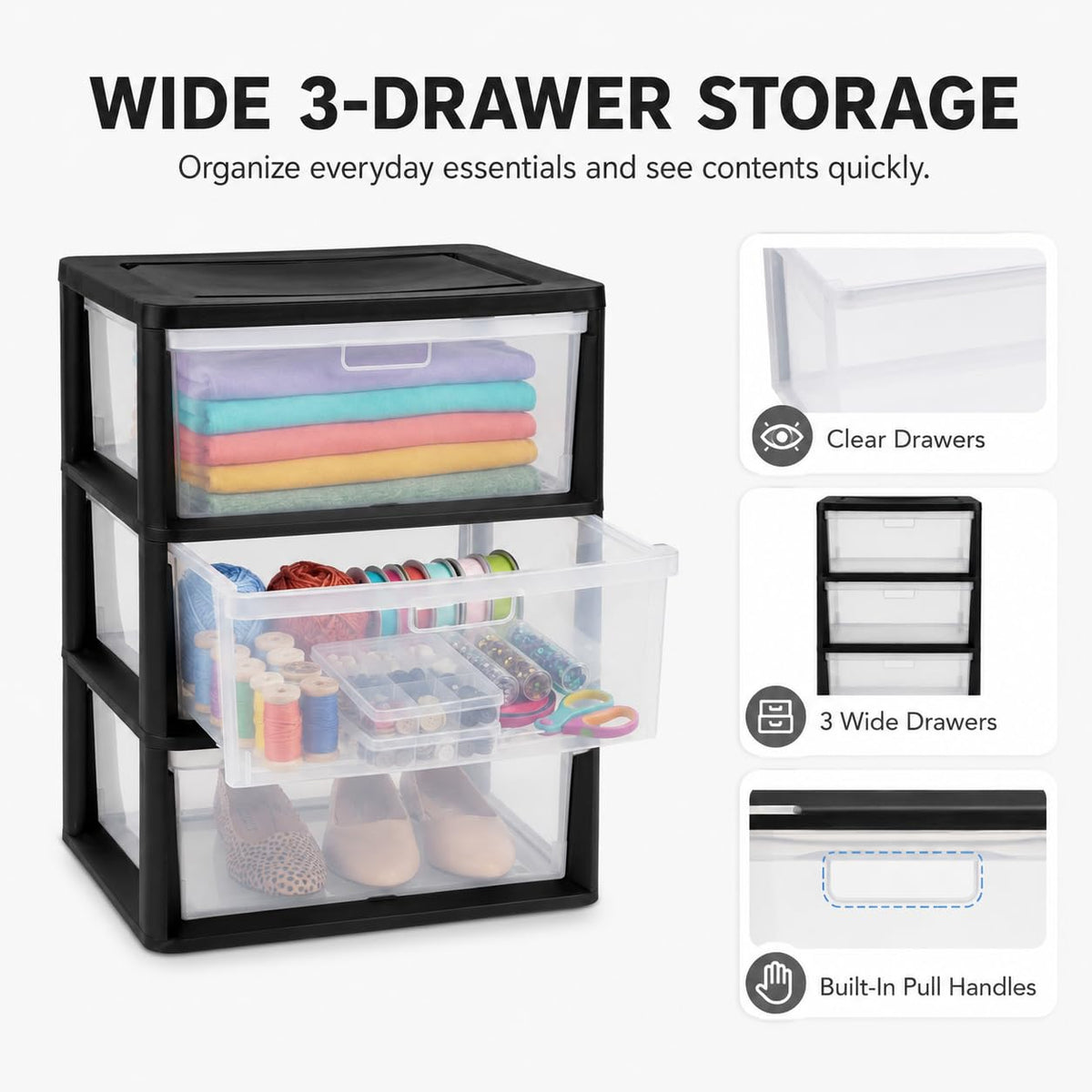 3 Drawer Storage Tower with Clear Bins O562