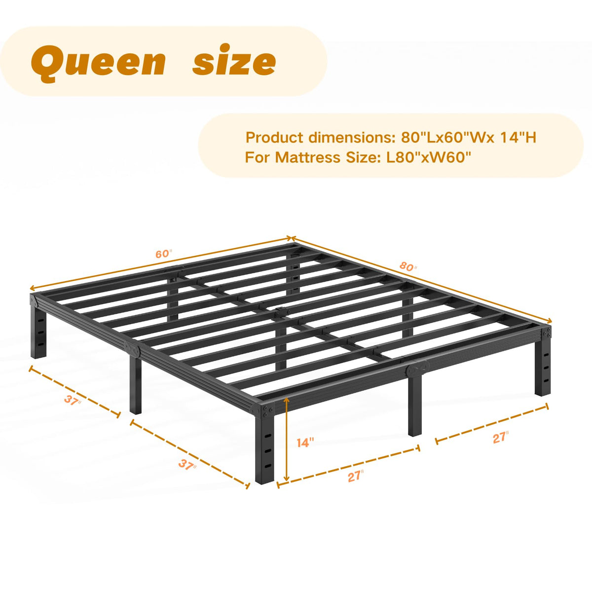 14 Inch Metal Queen Bed Frame with Storage, Black P967165