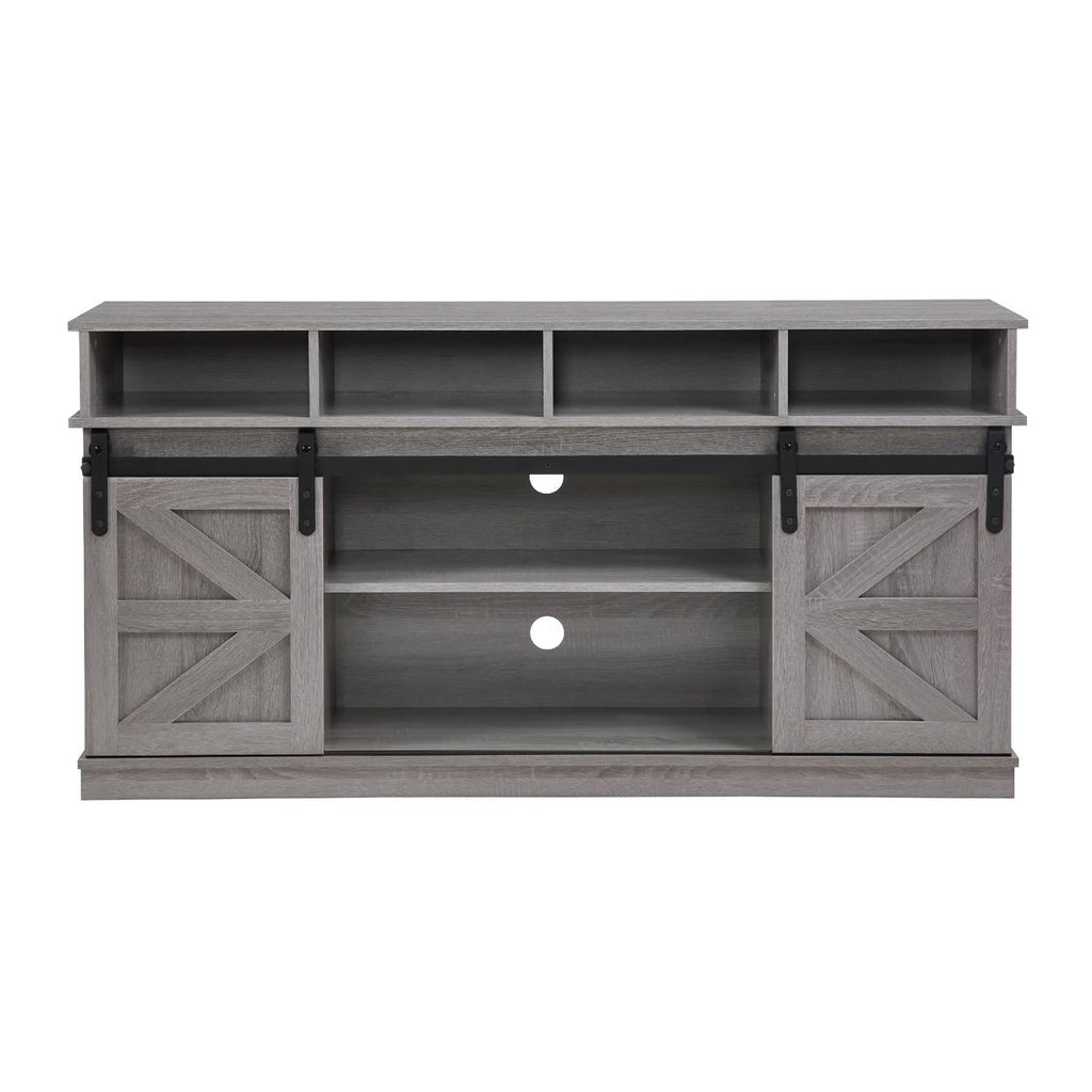 Grey Wood TV Stand with Sliding Barn Doors and 4 Drawers J30121