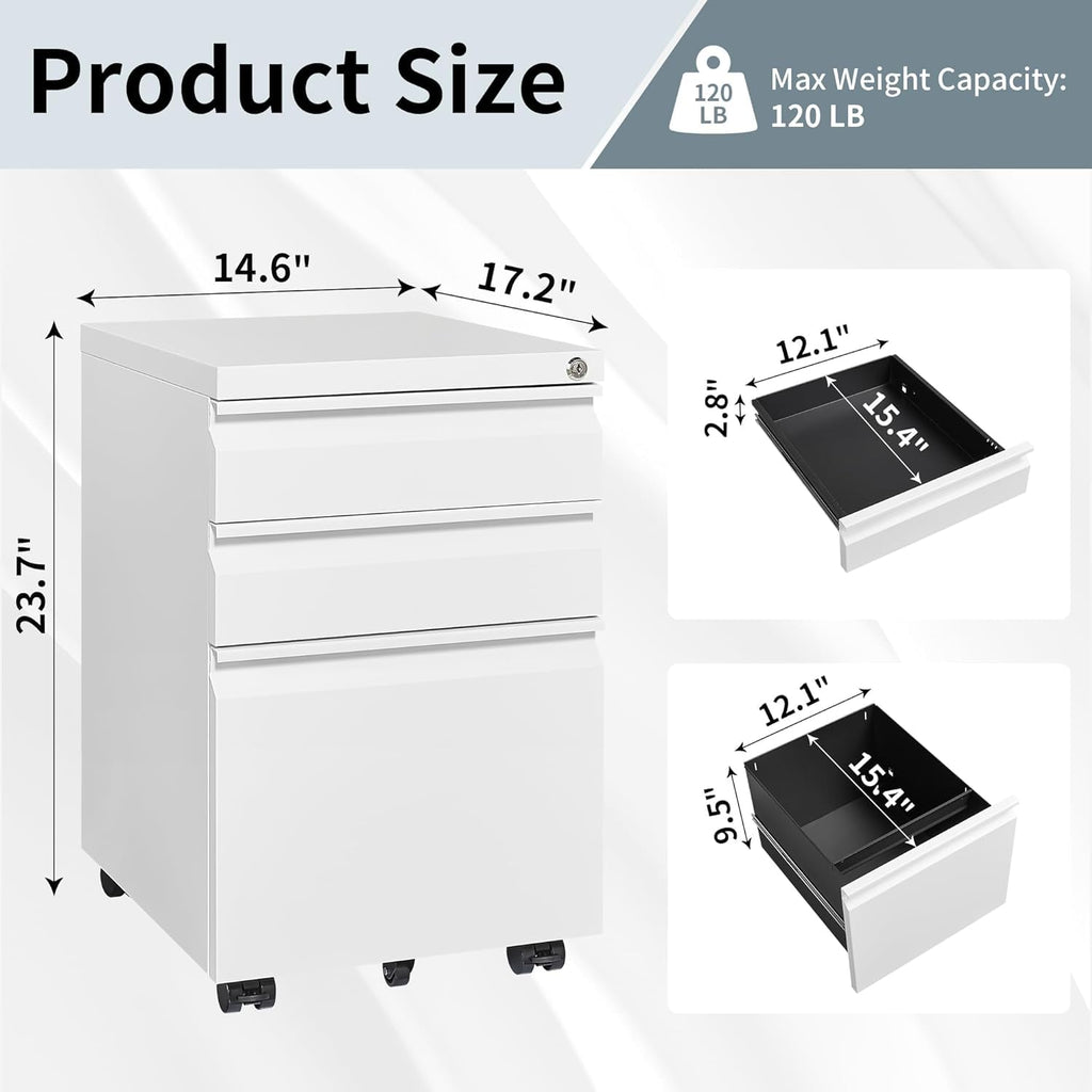 3 Drawer Locking File Cabinet Matte White T373