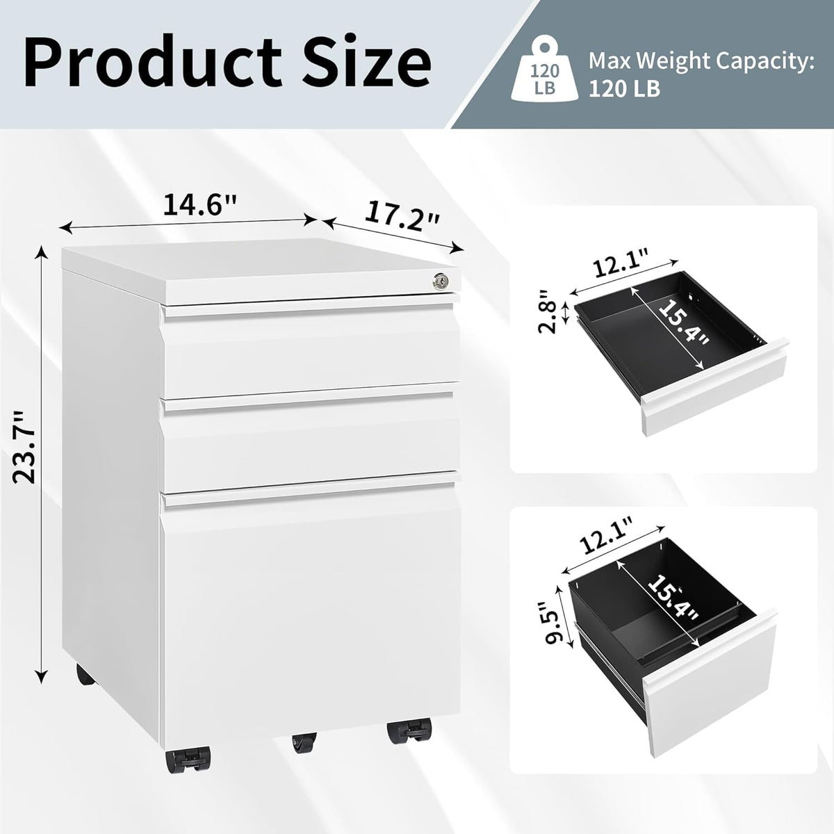 3 Drawer Locking File Cabinet Matte White T373