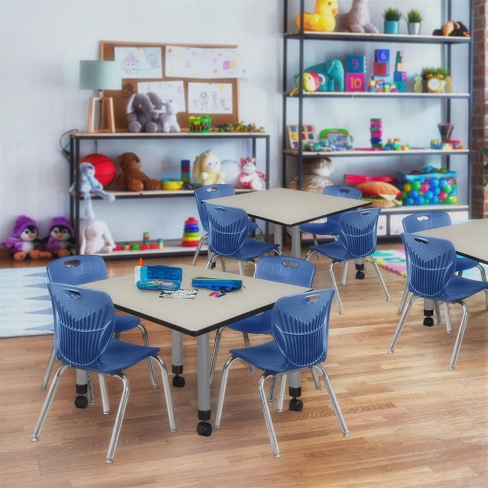 42" Square Mobile Table with 4 Blue Chairs R5856