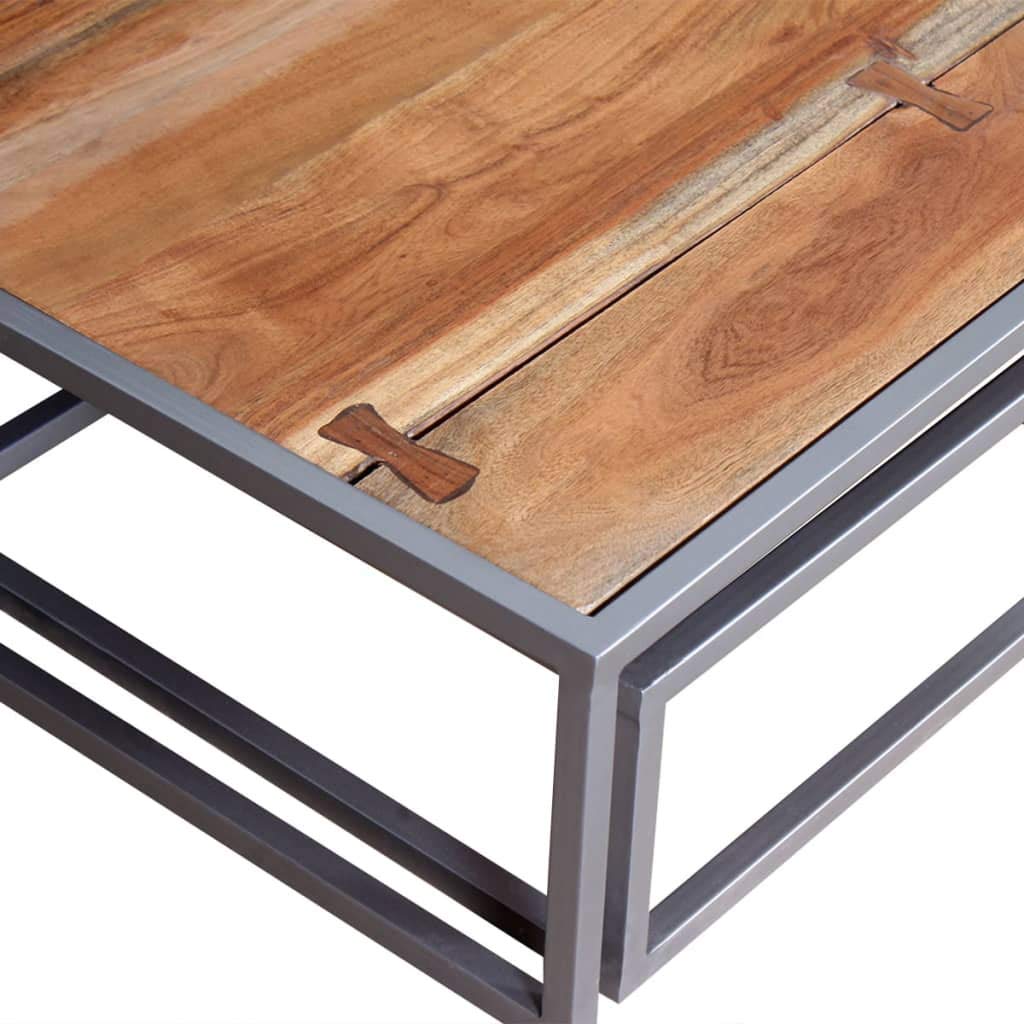 Brown Square Acacia Wood Steel Coffee Table Set of 2 Z793