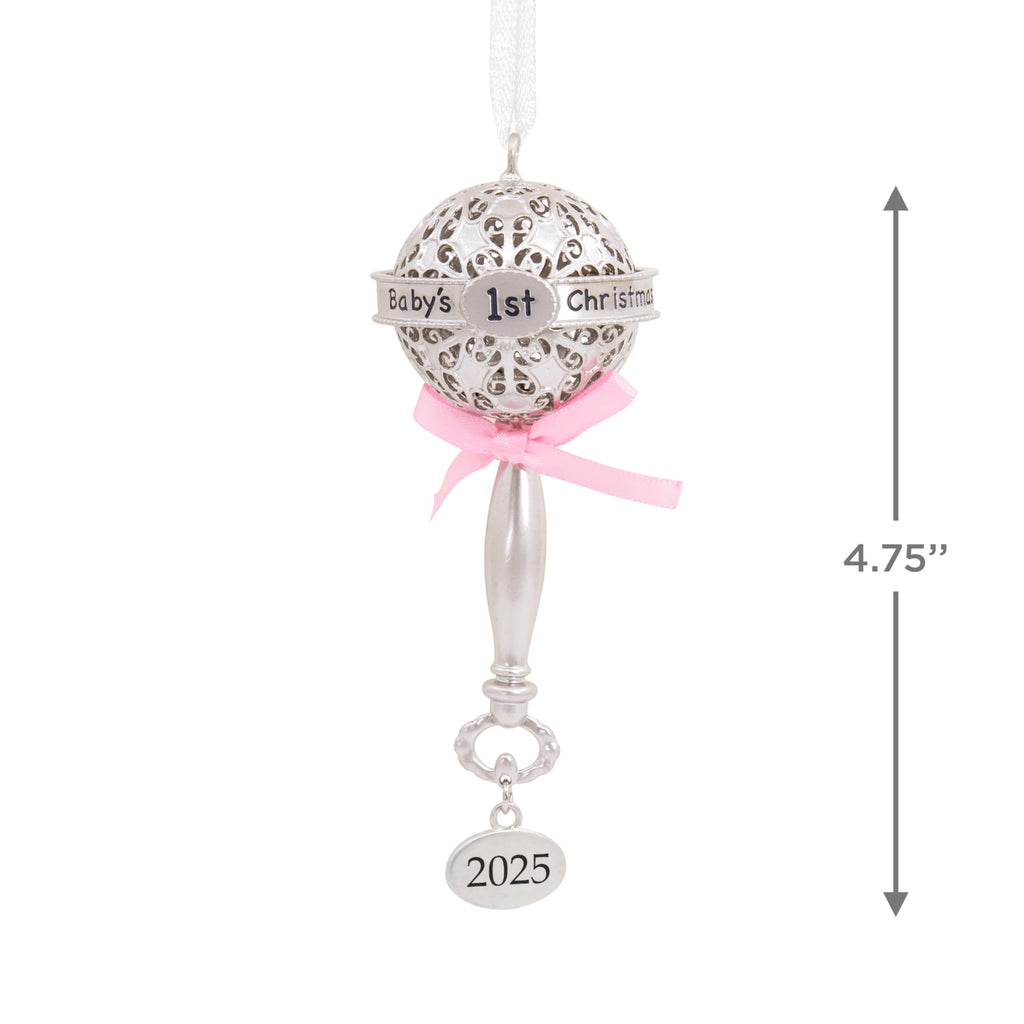 Silver Rattle with Pink Ribbon Christmas Ornament G8036