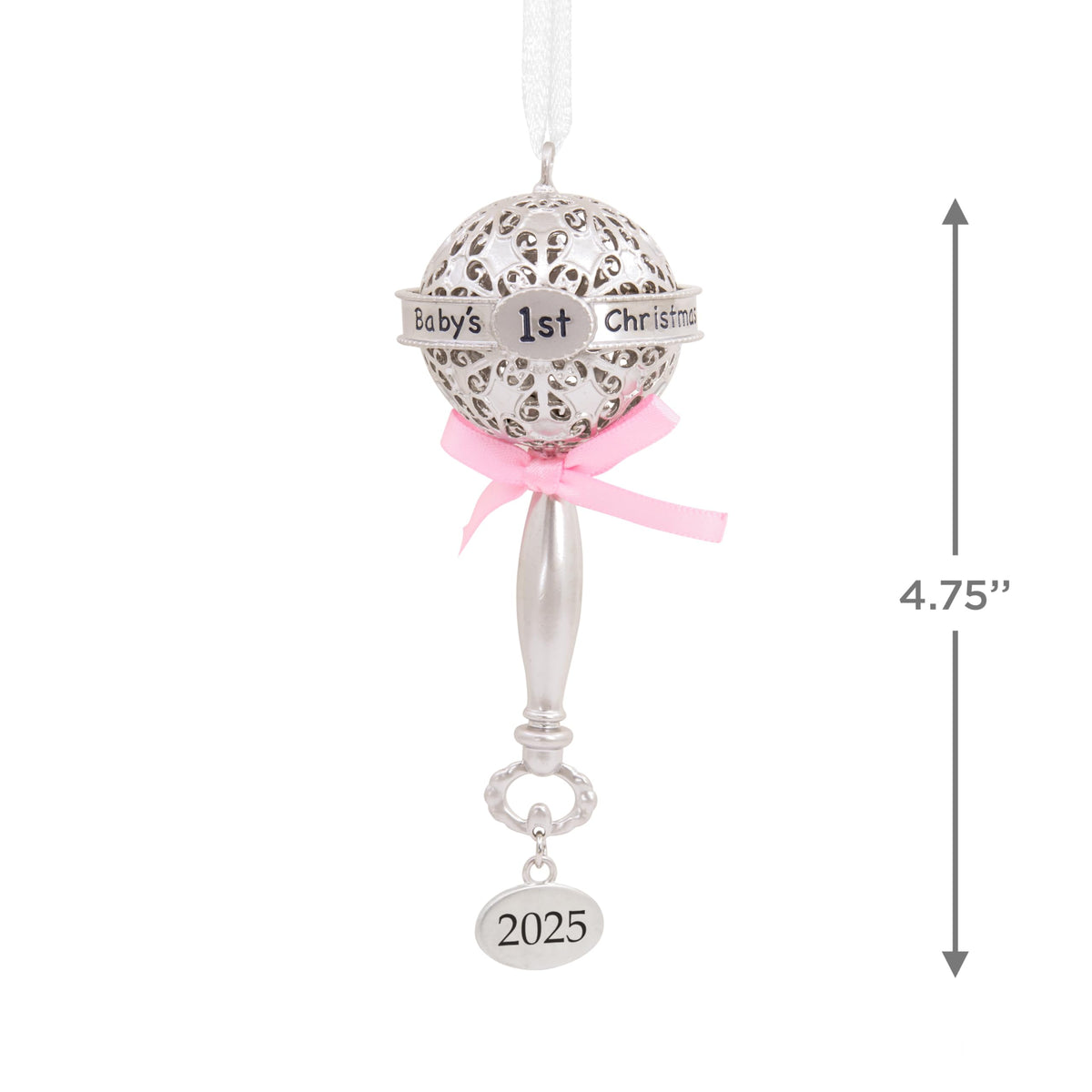 Silver Rattle with Pink Ribbon Christmas Ornament G8036