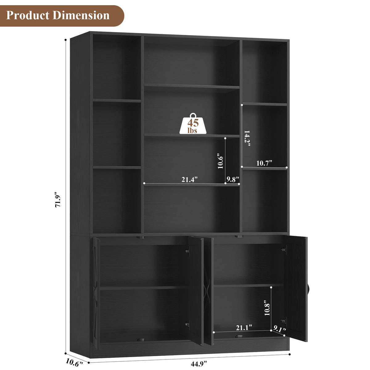 72" Tall Black Bookshelf with Storage S4567