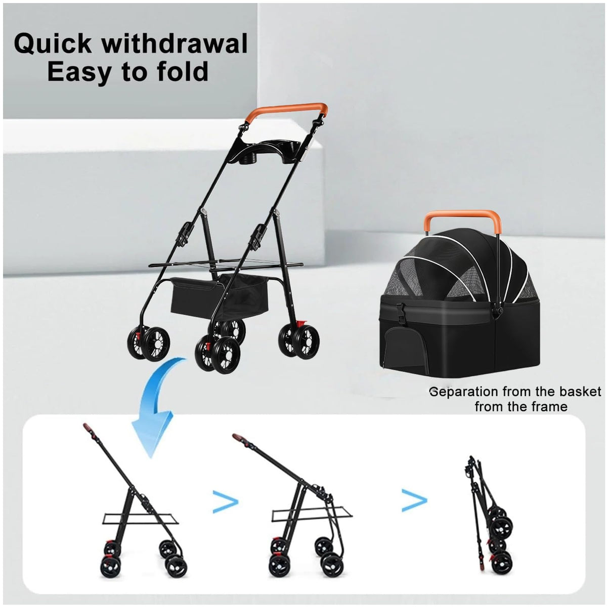 Black Foldable Pet Stroller with Storage Basket B333635