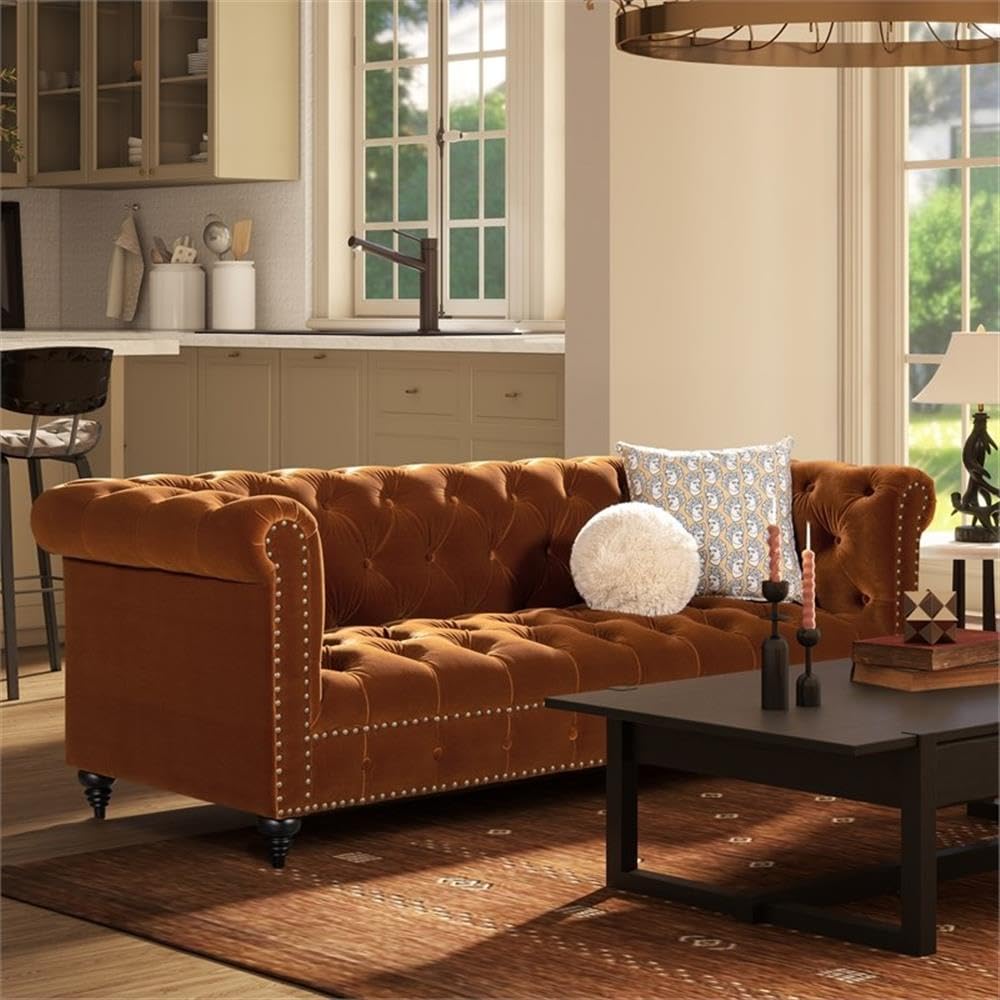 Burnt Orange Velvet Tufted Chesterfield Sofa R78885