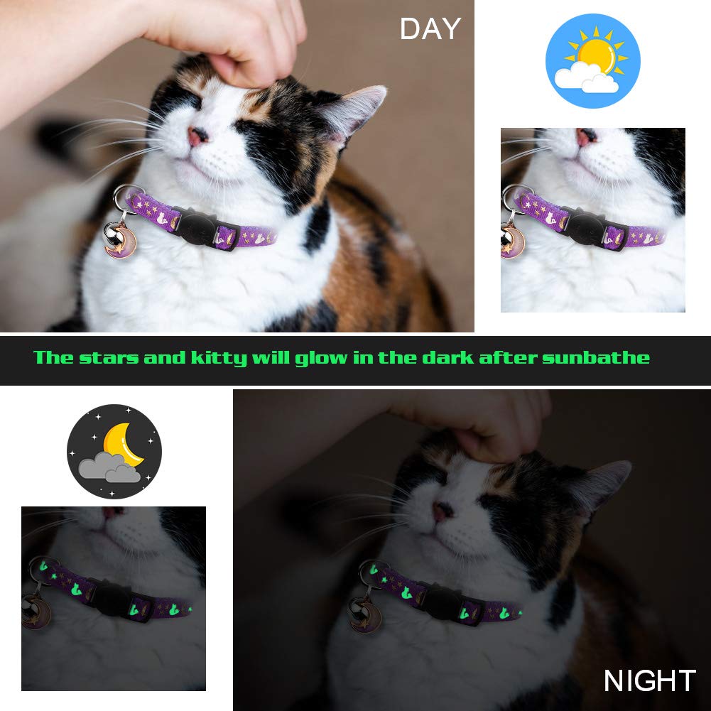 2PCS Breakaway Cat Collars with Bell Glow in The Dark Black Purple N3691
