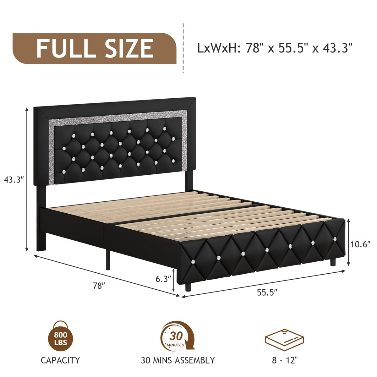 Full Size Faux Leather Platform Bed with Diamond Headboard X5054