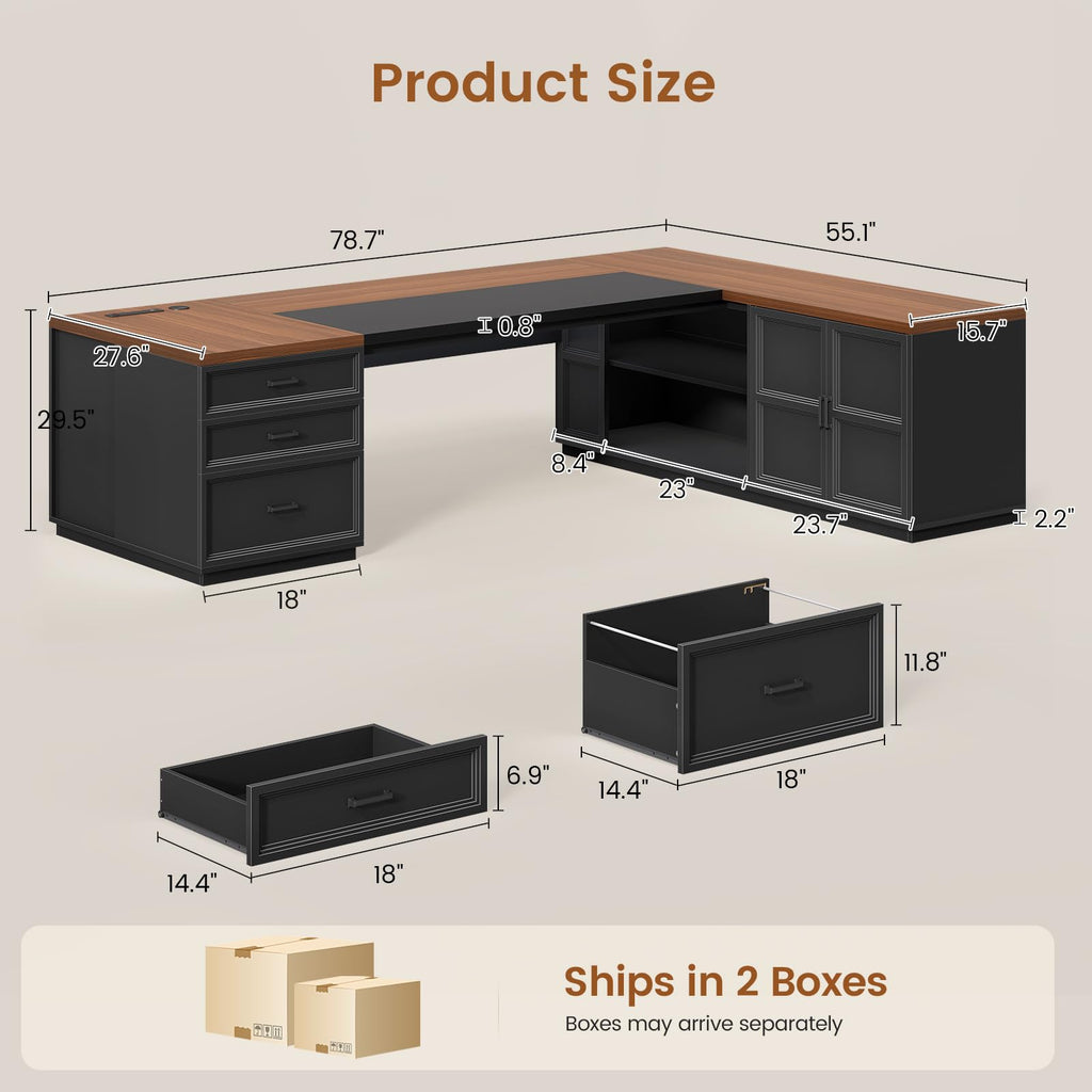 78.7" L Shaped Executive Desk with Charging Station, File Drawers & Storage Cabinet, Black + Brown X487