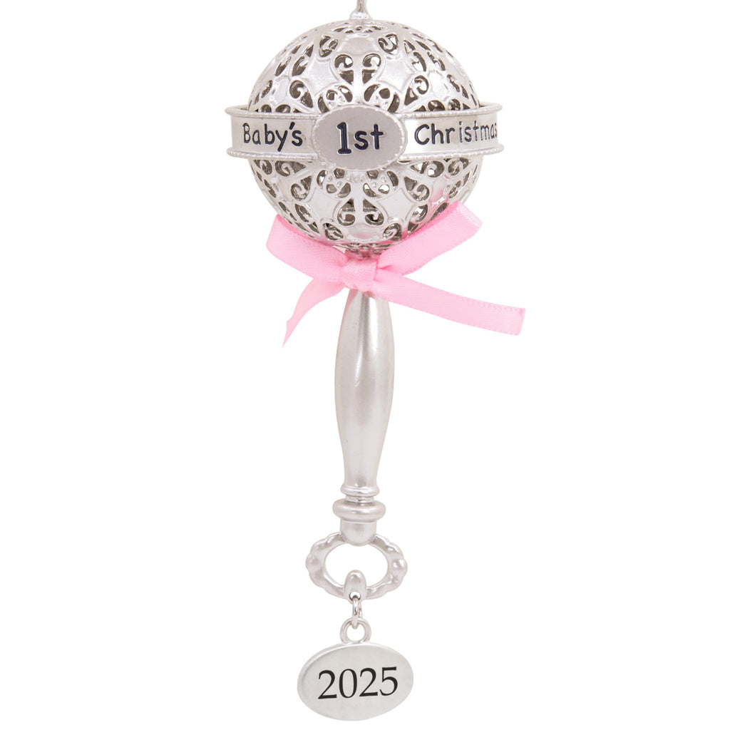 Silver Rattle with Pink Ribbon Christmas Ornament G8036
