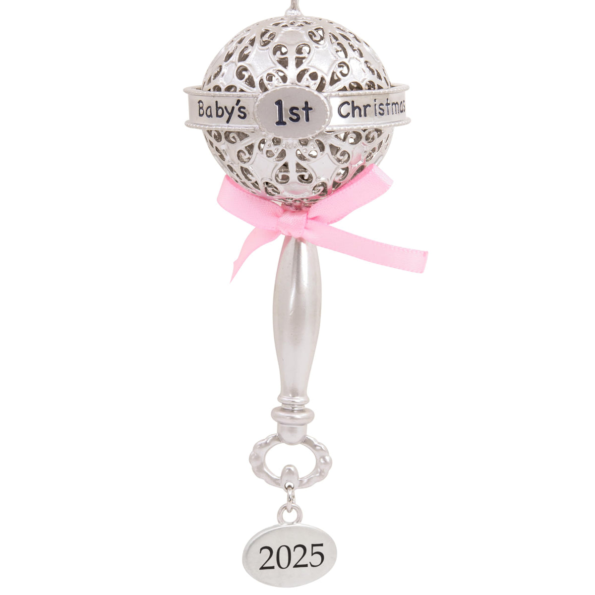 Silver Rattle with Pink Ribbon Christmas Ornament G8036