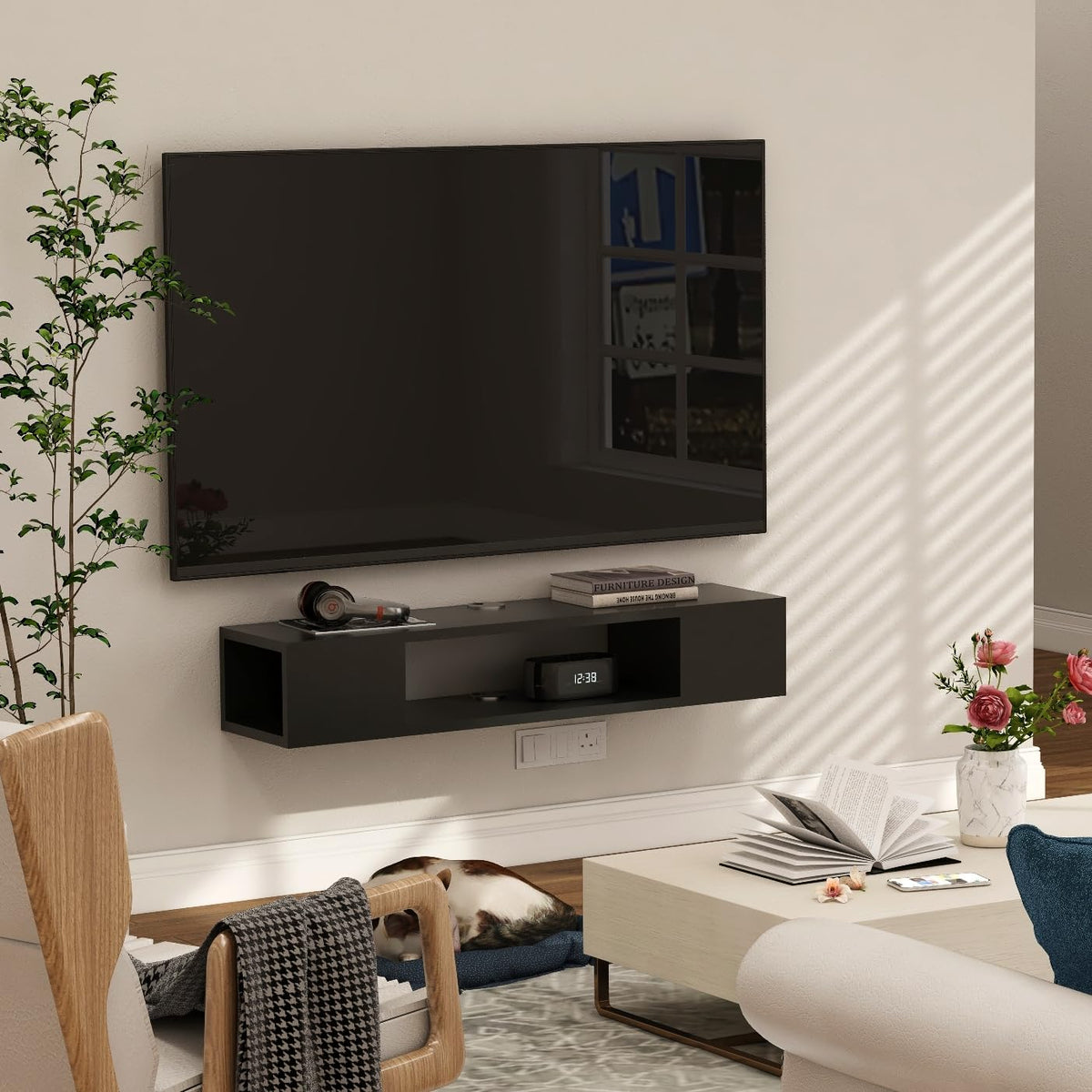 Black Wall Mounted Floating TV Stand with Storage I337