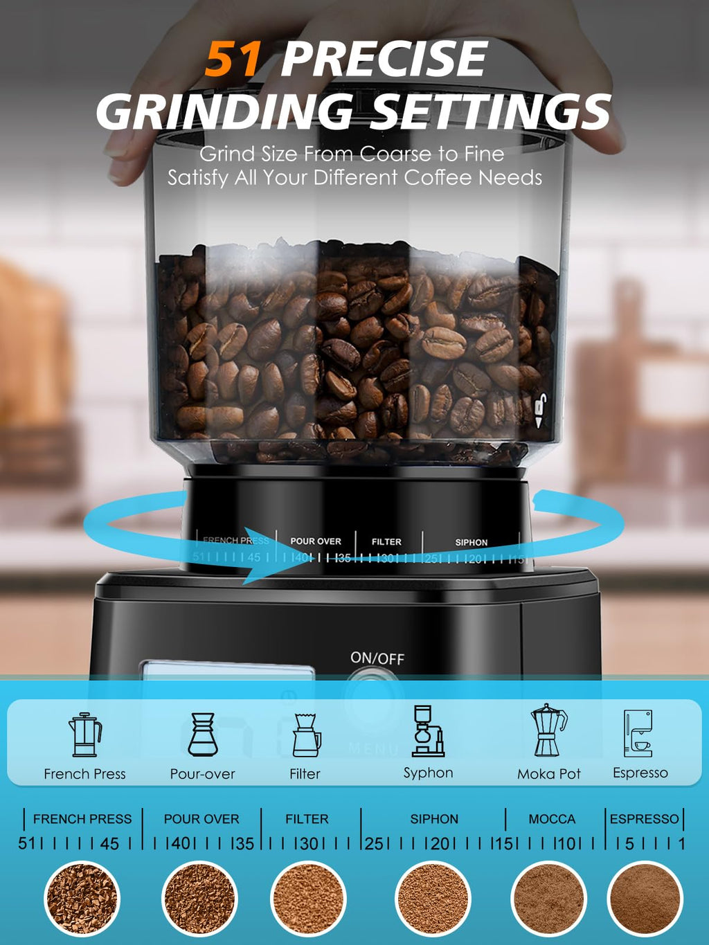 Conical Burr Espresso Coffee Grinder, 51 Settings, Stainless Steel K80694