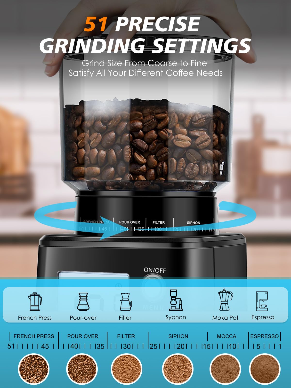 Conical Burr Espresso Coffee Grinder, 51 Settings, Stainless Steel K80694