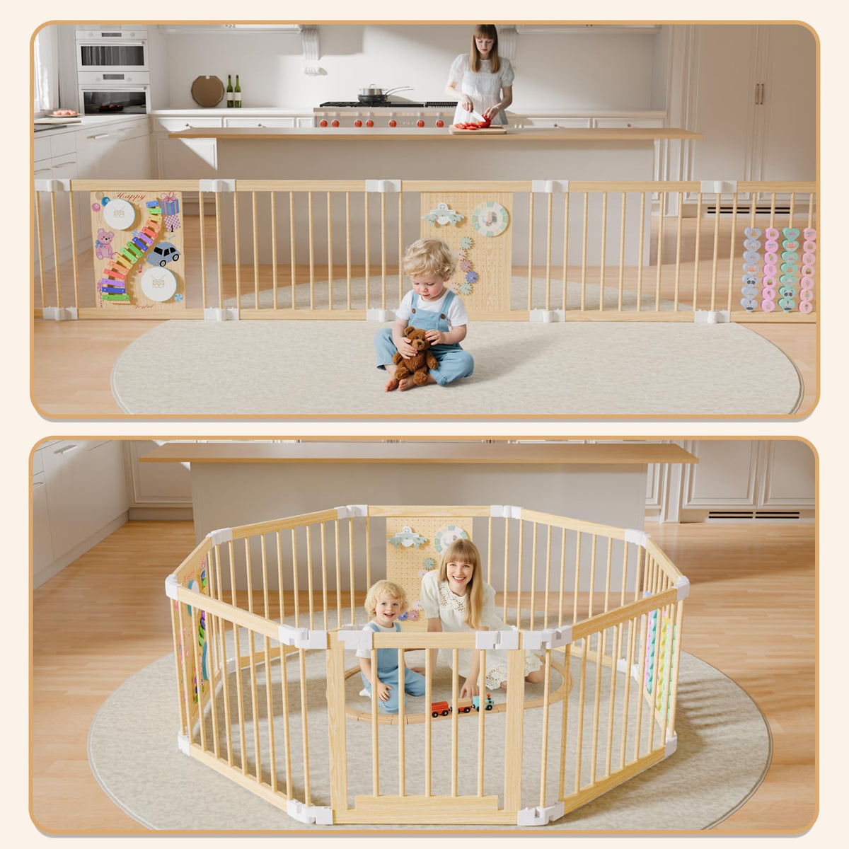 Foldable Wood Baby Playpen with Built-in Toys 57"x57" S215136