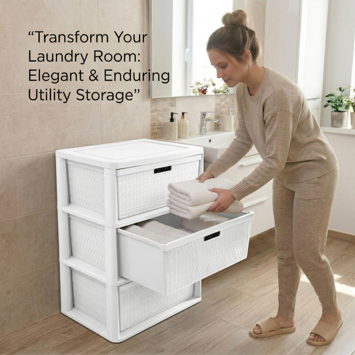 Opaque White 3-Drawer Plastic Storage Tower T97828