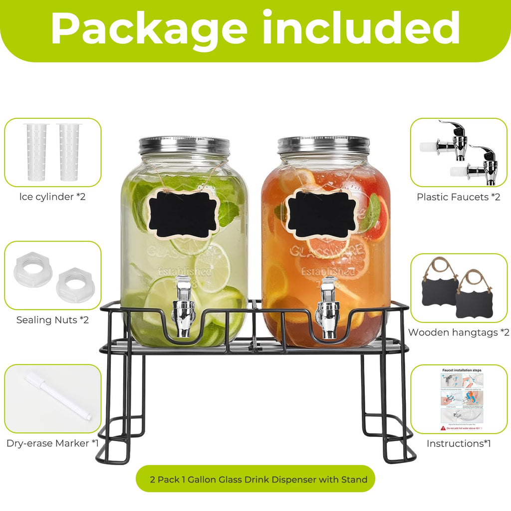 2 Pack 1 Gallon Glass Drink Dispensers with Ice Core O3355
