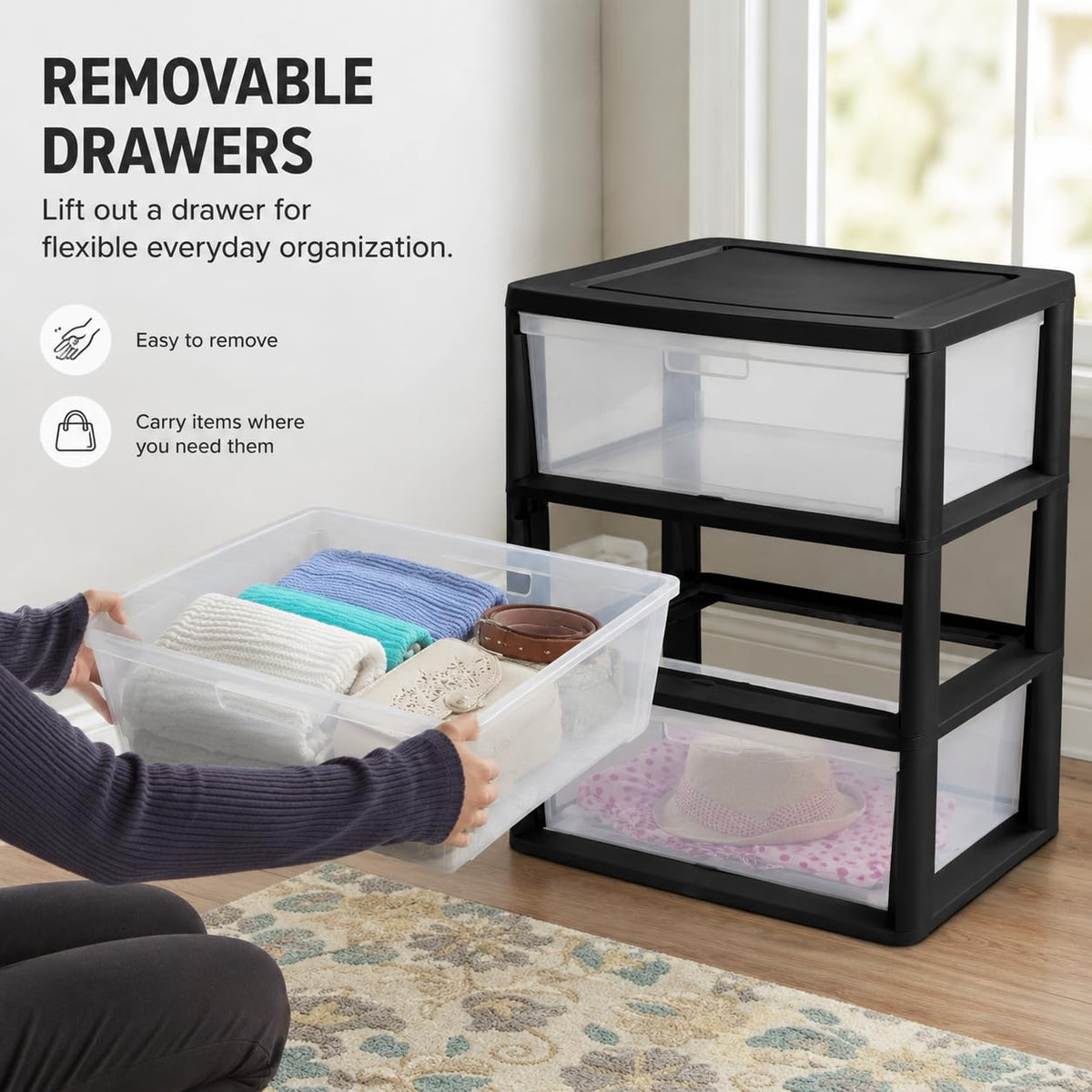 3 Drawer Storage Tower with Clear Bins O562
