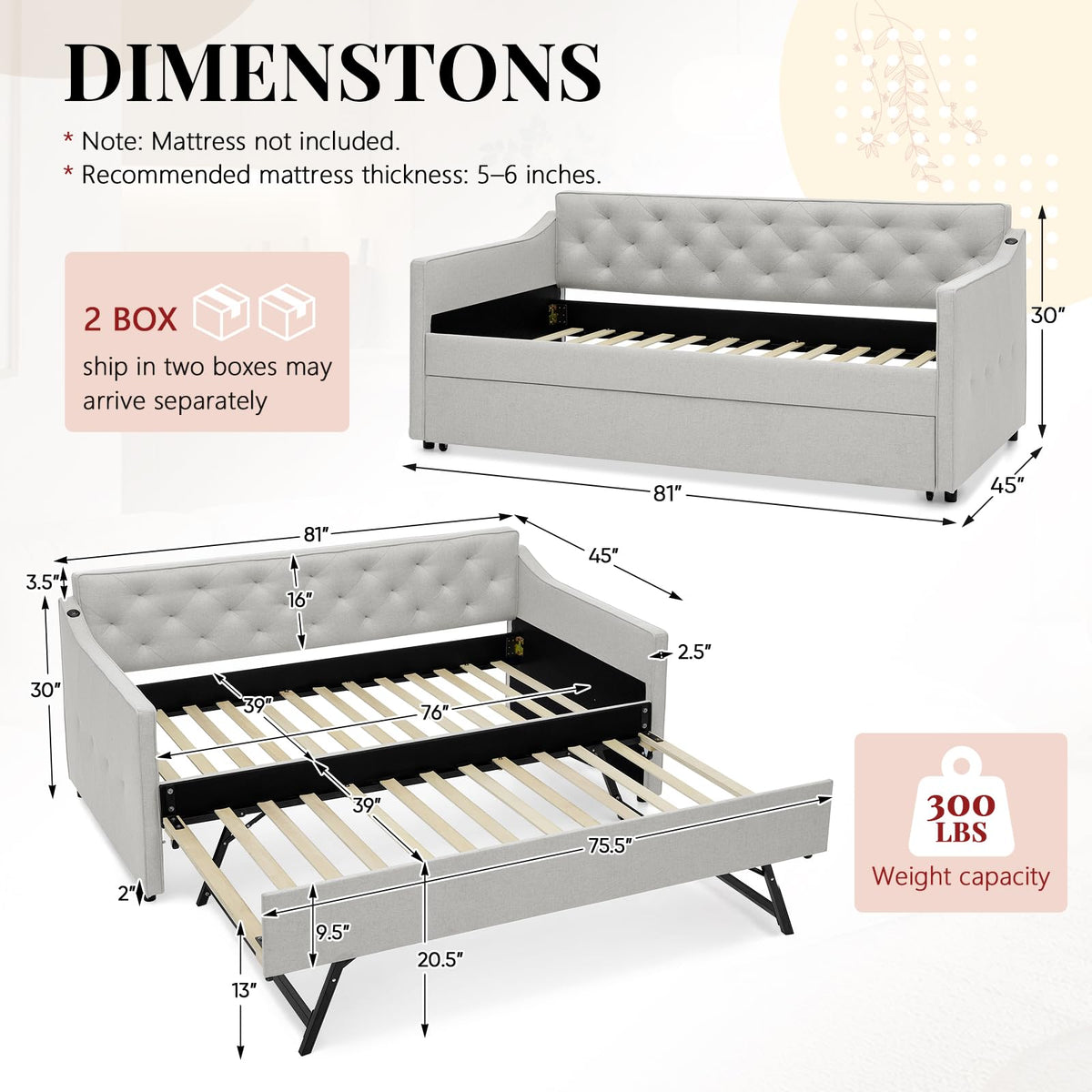 Twin to King Size Beige Daybed with Pop Up Trundle T666