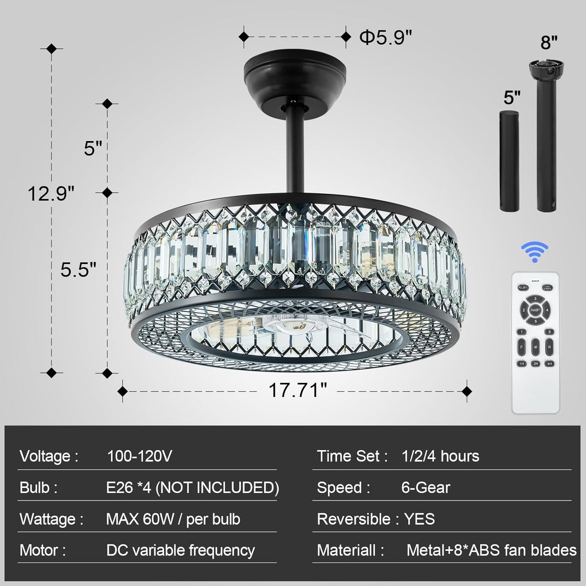 20" Black Crystal Ceiling Fan with Lights R187948