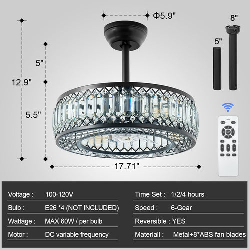 20" Black Crystal Ceiling Fan with Lights R187948