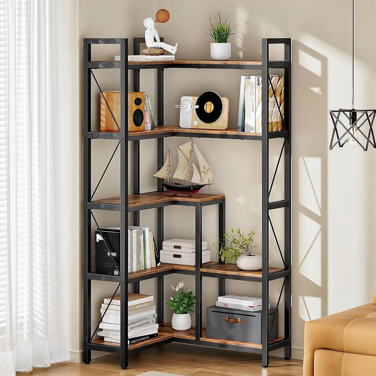 5-Tier L-Shaped Corner Bookshelf with Metal Frame N403363