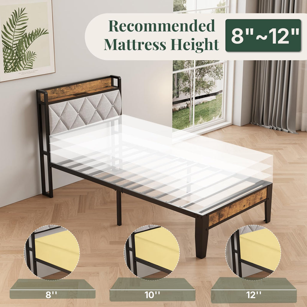 Twin Bed Frame with Headboard and Charging Plug U11117