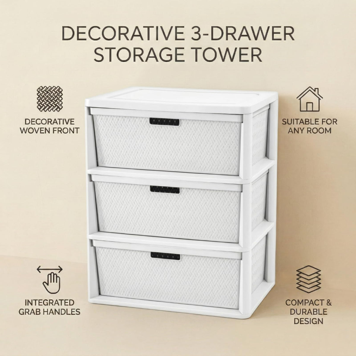 Opaque White 3-Drawer Plastic Storage Tower T97828