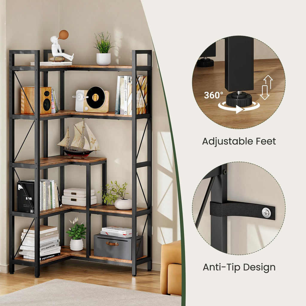 5-Tier L-Shaped Corner Bookshelf with Metal Frame N403363