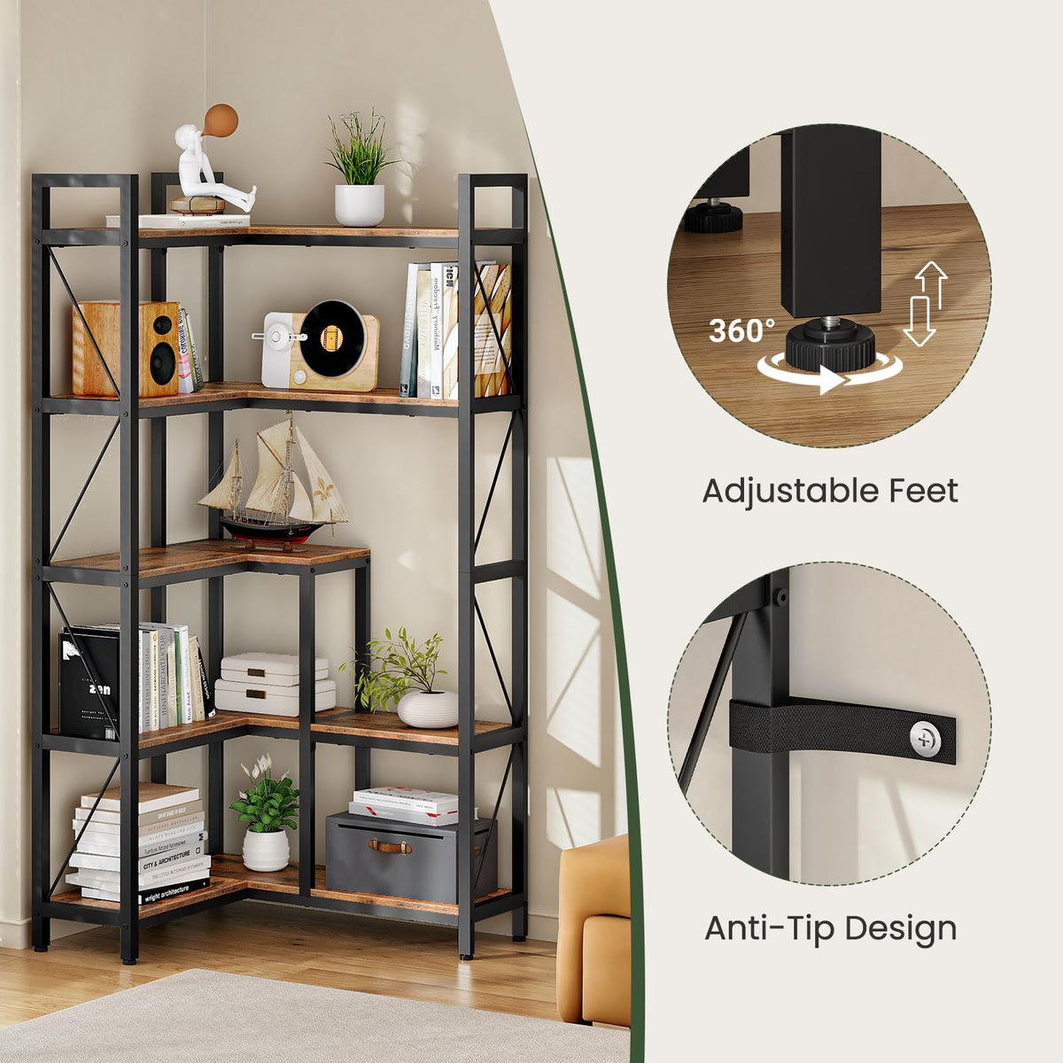 5-Tier L-Shaped Corner Bookshelf with Metal Frame N403363