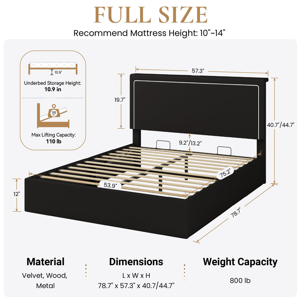 Full Size Lift Up Storage Bed Frame with LED Lights, Black Q308