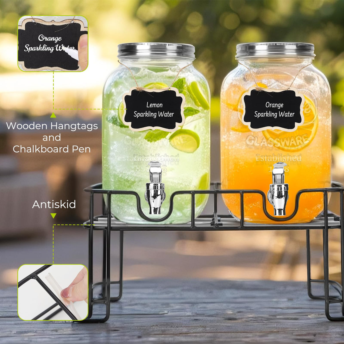 2 Pack 1 Gallon Glass Drink Dispensers with Ice Core O3355