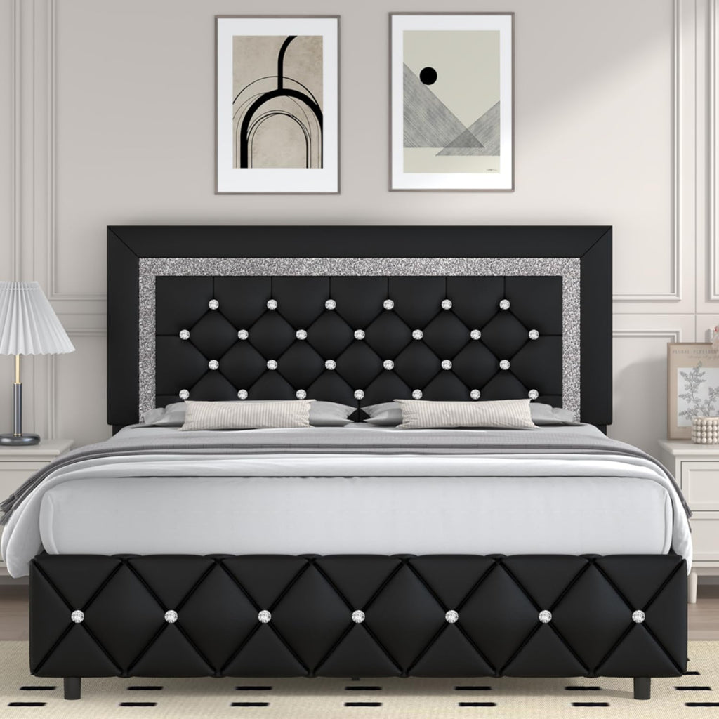 Full Size Faux Leather Platform Bed with Diamond Headboard X5054