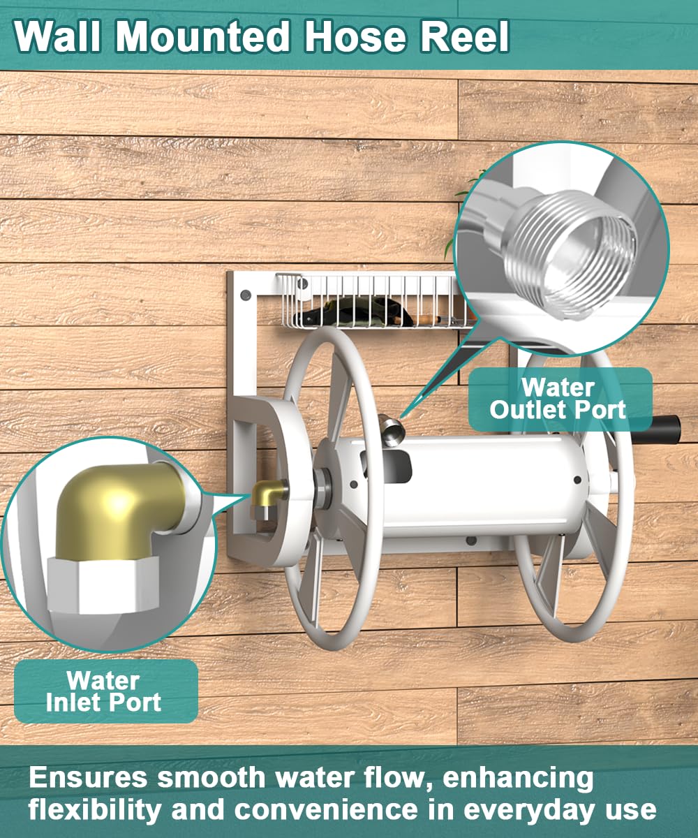 Wall Mounted Hose Reel, Holds 125 Feet of 5/8-Inch Hose, White J620