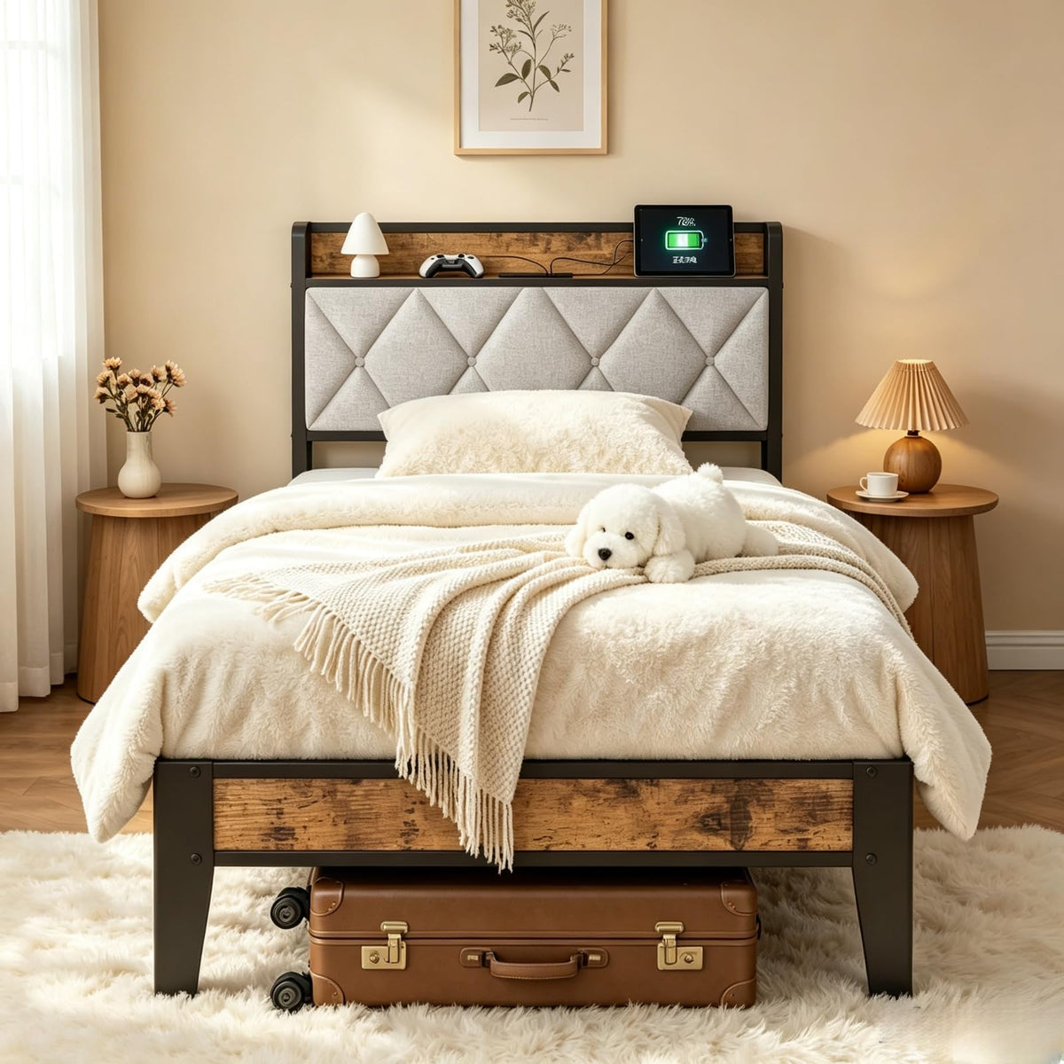 Twin Bed Frame with Headboard and Charging Plug U11117